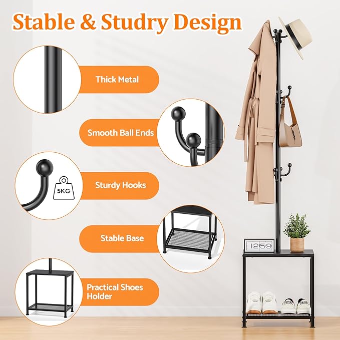 Hall Tree with Bench and Shoe Storage, Coat Rack Freestanding Coat Rack Shoe Bench, Corner Coat Hanger Stand Standing Hat Rack, Tree Stand Purse Rack Tree Black Coat Racks with Shelf