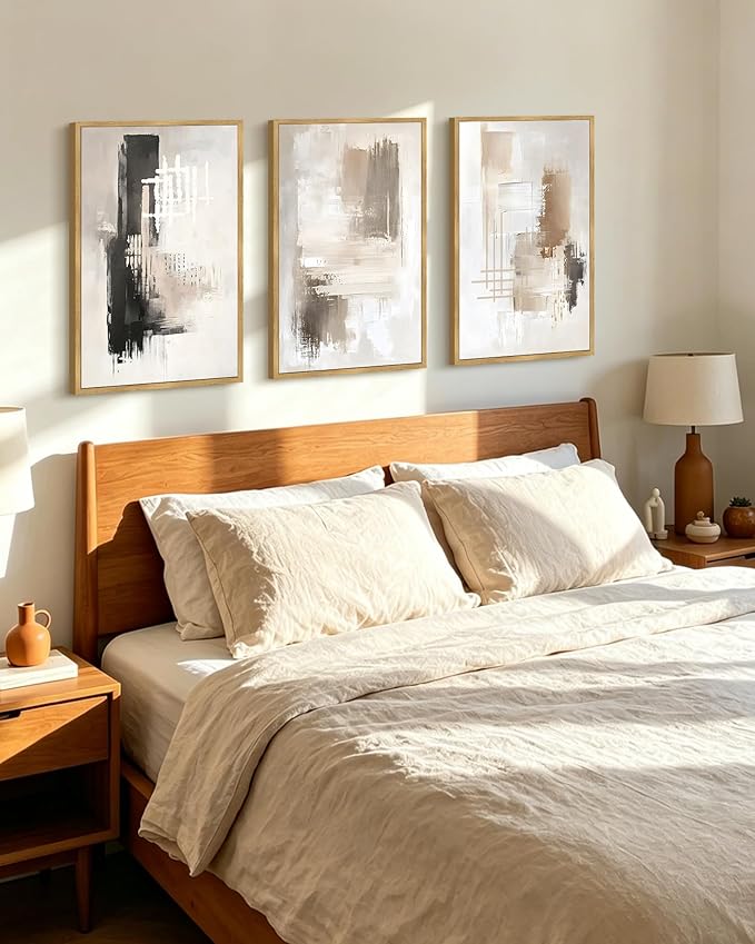 PHOPAGO Modern Abstract Framed Wall Art Large 16x24in Mid Century Minimalist Beige Pastel Neutral Wall Decor for Living Room Hallway - Natural Framed
