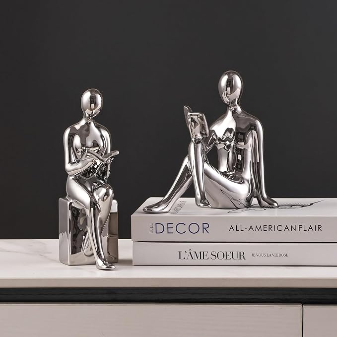 Ceramic Decorative Bookends, Book Ends for Shelves, Home Office Decor Aesthetic Statues Book Holders Stoppers for Bookshelf, Table, Bedroom Living Room Decoration (Silver)