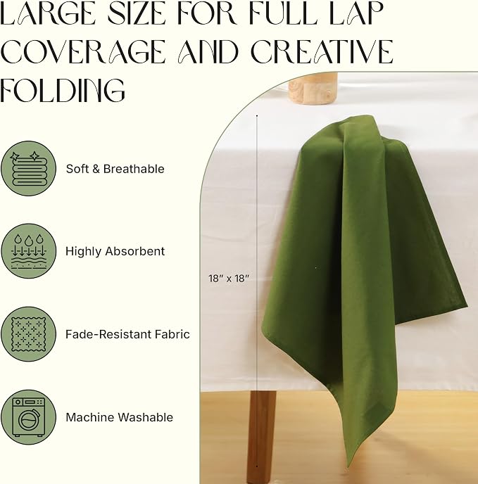 Cloth Napkins Set of 12, 100% Cotton Fabric Reusable Dinner Napkins, 18 x 18 Inch Washable Table & Kitchen Napkins for Everyday Dining, Entertaining, Home & Restaurant Use, Moss Green