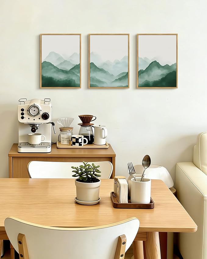 PHOPAGO Green Watercolor Fog Mountains Framed Wall Art Vintage Nature Landscape Artwork Paints Boho Rustic Scenic Room Decor for Bathroom Kitchen - 11x14in Natural Framed