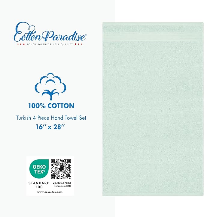 Cotton Paradise 100% Cotton Turkish Towel Set, Soft Absorbent Quick Dry, 4 Piece Hand Towel Set, Mint Green