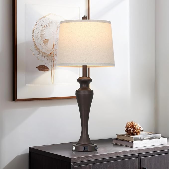 30 Inch Dark Brown Table Lamp Single, 3-Way Touch Control Bedside Lamp with USB A+C Ports and AC Outlet, Tall Living Room Lamps for End Table, Elegant Coffee Bedroom Lamps for Night stand, Coffee