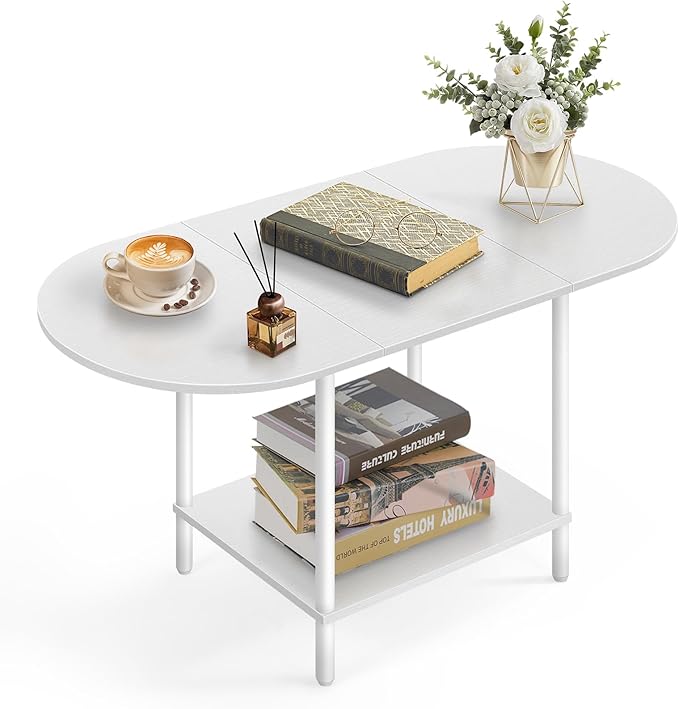 White Coffee Tables for Living Room,Mid Century Oval Center Table with Storage Shelf and Wood Tabletop,2-Tier Modern Narrow Cocktail Tea Table for Small Space,Small Apartment