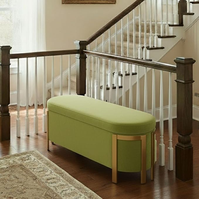 Hyfirm 48" Velvet Olive Green Storage Ottoman Bench with Gold Legs, 4ft Oval Long Modern Upholstered Stool with Padded Seat, Settee for Bedroom, Living Room, End of Bed, Sofa Couch, Entryway, Hallway