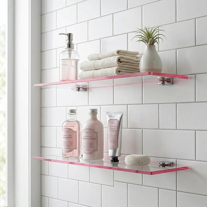 iobiotio Cute Pink Floating Shelves, 15 x 4'' Arylic Shelves for Wall, Decorative Clear Floating Shelves for Gril's Room, Bathroom, Wall Mounted, 2 Pcs
