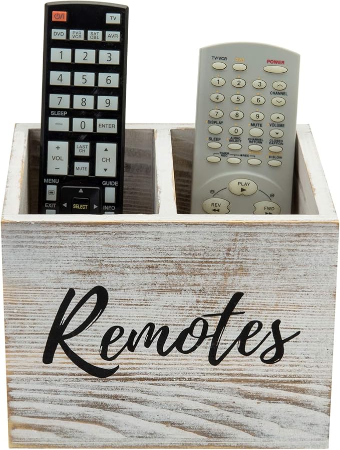 MyGift Remote Control Holder,TV Remote Holder,Wood Remote Caddy for Table,2 Large Compartment,Shabby Whitewashed Solid Wood with Black Cursive Remotes Label