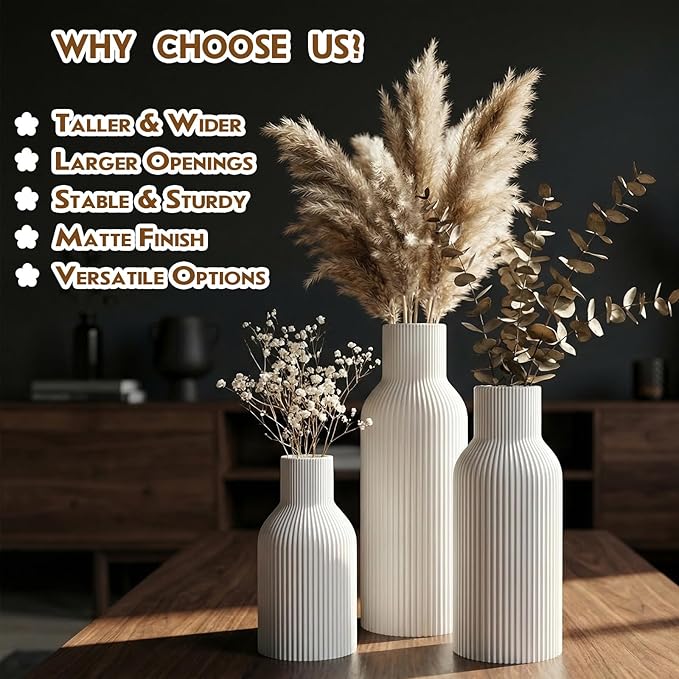 Colorful Ceramic Vases Set of 3, Matte 3D Vertical Ribbed,Minimalist for Pampas Grass, Dried & Fresh Flowers, Centerpiece for Living Room, Shelf, Entryway, Wedding (White, Yellow, Blue)