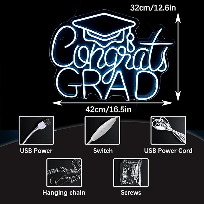 “Congrats Grad” Ice Blue Neon Sign – 16.5×12.6 in Unique Aqua-Tone LED Light for Med School & Engineering Grads, Dimmable with Wired Controller, Includes Wall Anchors – Class of 2026