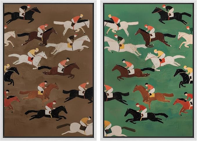 SIGNWIN Framed Canvas Print Wall Art Set Vintage Horse Racing Jockeys Illustrations Modern Art Rustic Colorful Ultra for Living Room, Bedroom, Office - 24"x36"x2 White