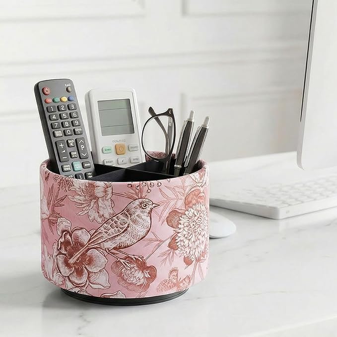 Round Leather Art Supply Organizer,Remote Control Holder,360 Degree Spinning,Multi-Functional Pencil Holder,4 Compartments Desktop Stationary Organizer(1-Pink Bird)
