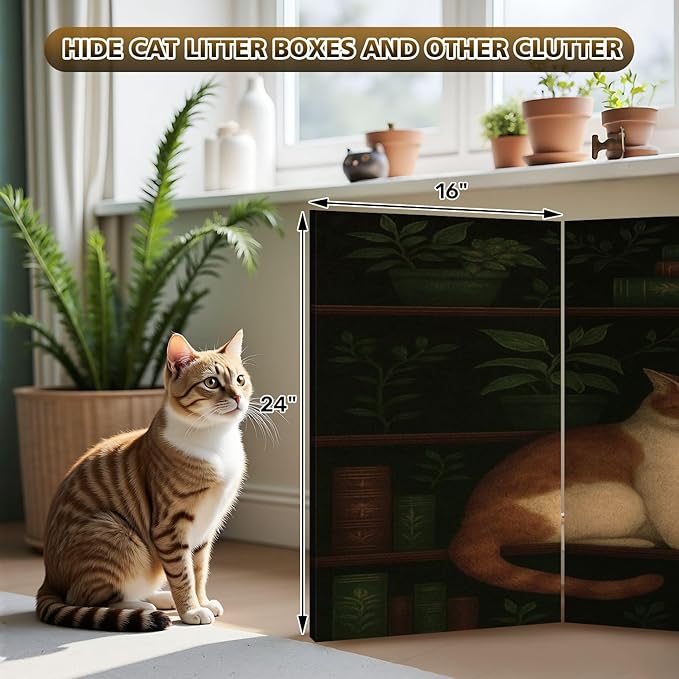Small 6 Panels Vintage Folding Screen Room Divider Cat Cozy Bookshelf Greenery Vintage Books Boho Divider for Room Separation Portable Privacy Partition Screen Indoor