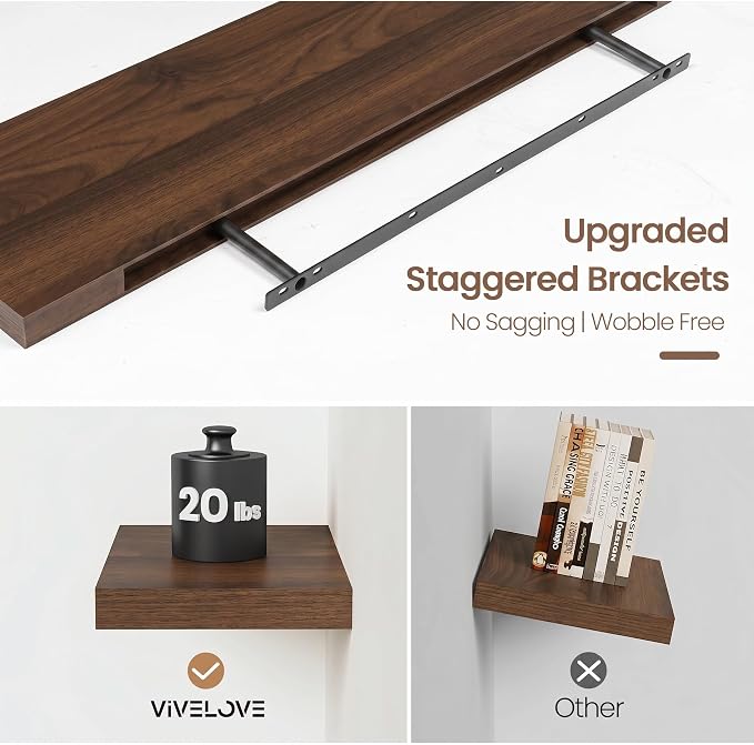 Vivelove Walnut Floating Shelves, 16 Inch Wall Display Shelves for Bathroom Living Room Kitchen Bedroom Office Farmhouse Home Decor, 16" X 9.3" X 1.5" - Set of 2, Walnut