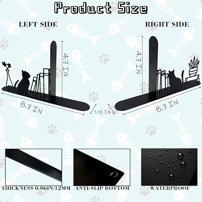 Cat Bookends – Metal Decorative Black Cat Book Ends for Home, Office, Kids, Bookshelf Accessories, Cute Desk Book Stopper