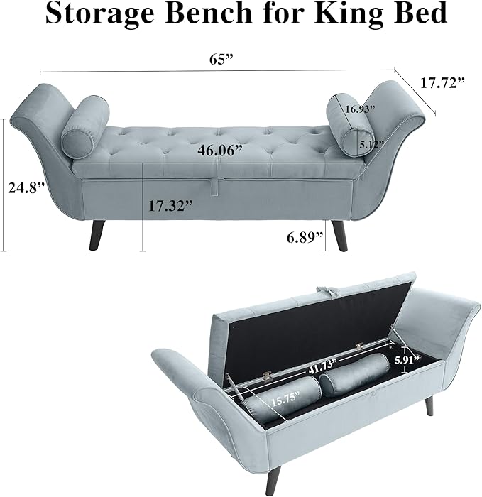 65" Velvet Storage Bench, 65" Vintage Upholstered Rolled Armed Button Tufted Stool Bench for Bedroom, Living Room, Entryway, Hallway, Dressing Room (Light Grey)