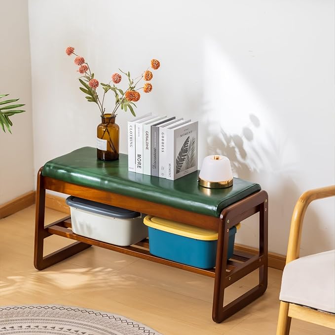 Shoe Bench with Storage - 2-Tier Entryway Bench, Solid Wood Shoe Rack with Cushion & Flip-Open Box, Mid-Century Modern for Hallway, Mudroom, Bedroom (Green, 21.65'')