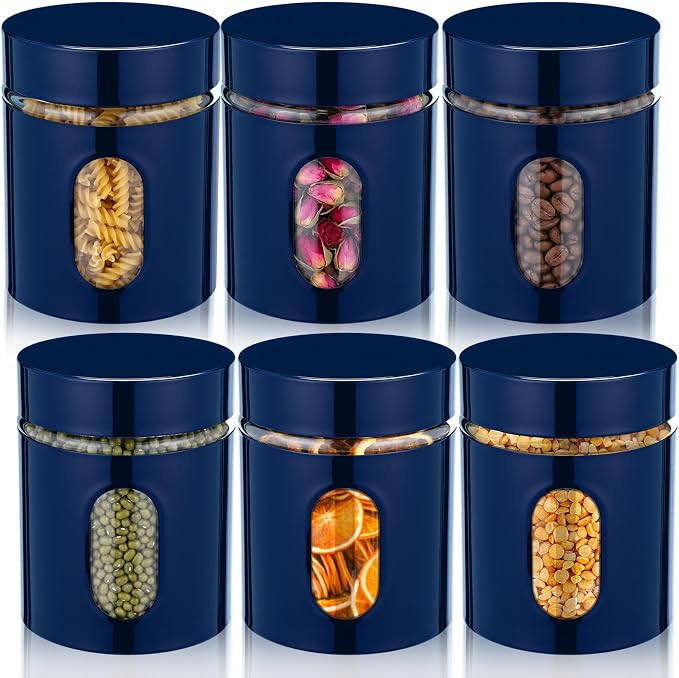 Mimorou 6 Pack Kitchen Canisters Set Airtight Coffee Sugar Tea Storage Jars with Window Glass Stainless Steel Containers with Lids for Flour Cookies Spices Grains Kitchen Decorations(Navy Blue,20 oz)