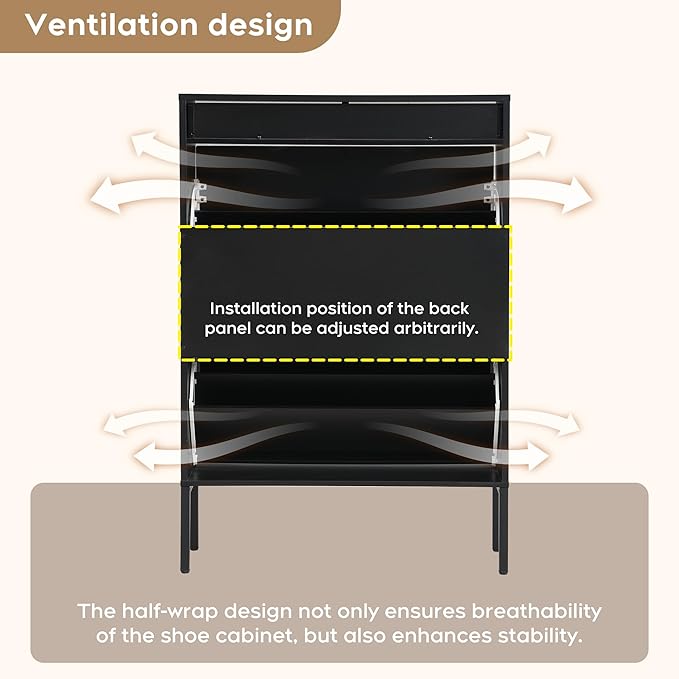 Brafab Shoe Rack Storage Organizer, Shoe Storage Cabinet with 2 Flip Drawers&1 Small Drawer, Slim Entryway Shoe Organizer with Fluted Panel Doors,Dark Black