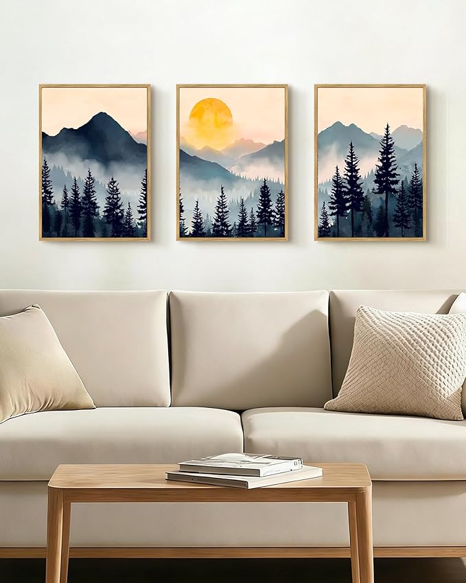 PHOPAGO Blue Fog Pine Tree Mountain Landscape Framed Wall Art Retro Watercolor Nature Misty Forest Artwork Paints Sun Rise Rustic Farmhouse Home Decor - 12x16in Natural Framed