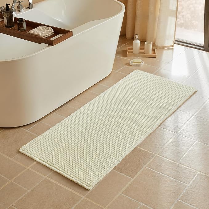 Triohero Waffle Runner Bath Mat - Long Bathroom Rugs Non Slip Washable, Ultra Soft Super Absorbent Quick Dry Boho Farmhouse Bathroom Decor, 24" x 60"', Cream White