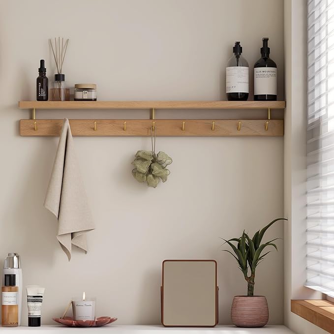 Solid Wood Wall Hooks with Shelf, Coat Rack Wall Mount, Entryway Hanging Shelf with 9 Brass Hooks for Hats, Clothes, Towels, Bags, Beech Wood, Natural