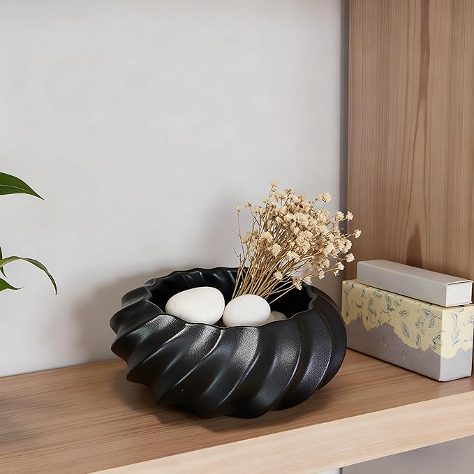 10" Decorative Rotundity Bowl decor - Multi functional modern home decoration Handicraft Bowls,Stylish Key Bowl for Entry Table,Decorative Fruit Bowls for Kitchen Counter,Black Scalloped Bowls