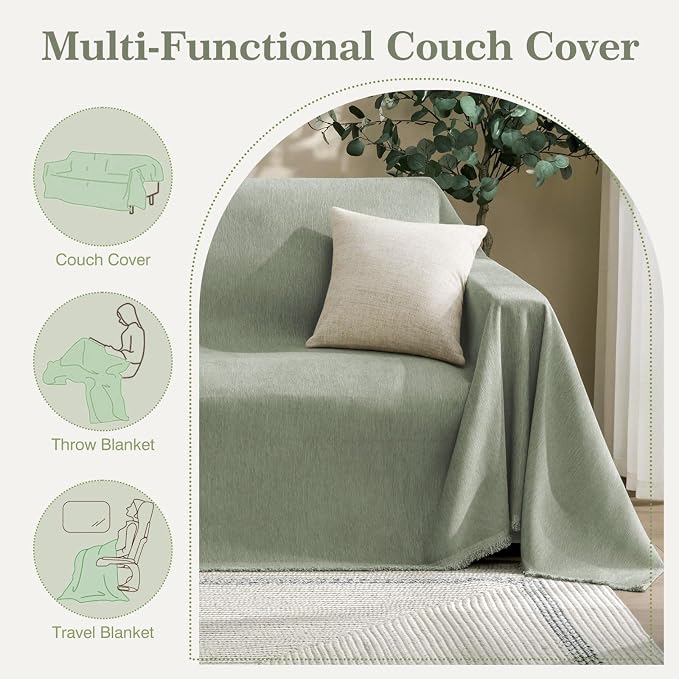 Couch Cover for Dogs Sectional Sofa Covers Washable for 2 Cushion Couch, Chenille Couch Cover Blanket, Sectional Sofa Slipcovers, Multi-Use Furniture Protector for Kids, Pets, 91" X134", Sagegreen