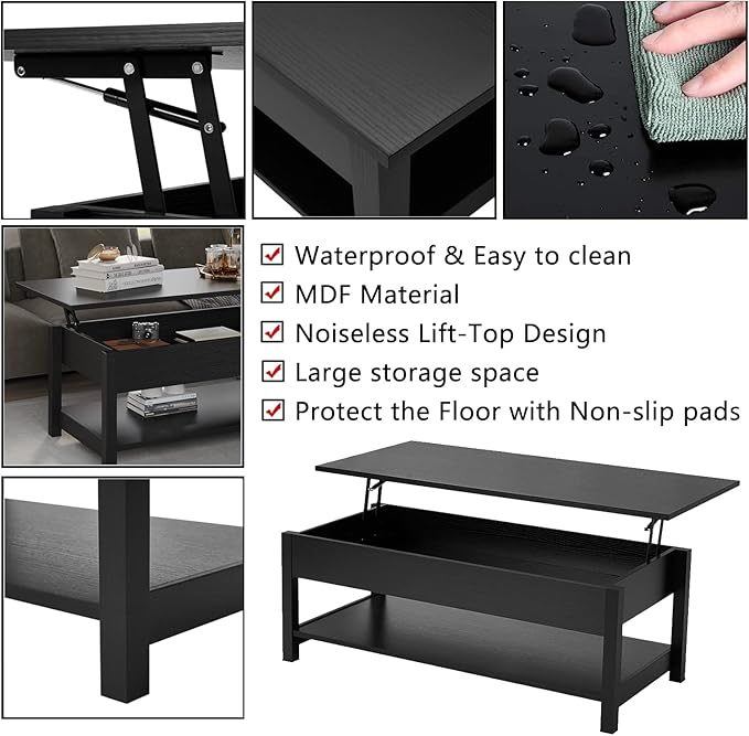 Panana Lift Top Coffee Table with Hidden Compartment and Open Shelf, Lift Tabletop Pop-Up Tea Table for Living Room, 45.28" L, Black