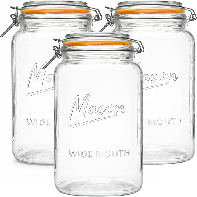 1 Gallon Glass Jars with Swing Top Lids - Extra Large Mason Jars Wide Mouth with Airtight Glass Clamp Lids - Square Glass Storage Containers with Measurements for Flour, Sugar & Pickling, 3 Pack
