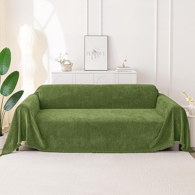 Smiry Couch Cover for Dogs, Washable Chenille Sofa Covers for 3 Cushion Couch, Soft Sofa Slipcover for Pets, Thick Sectional Furniture Protector with Tassels (Green, 71x118 Inch)