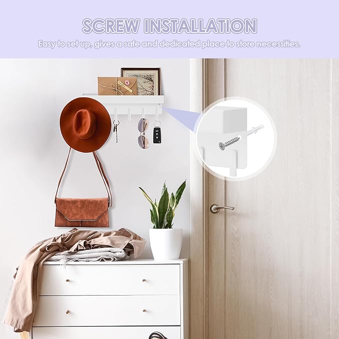 VIS'V Key Holder Wall Mount, Adhesive Key Rack with Tray, 6 Hooks, White | 2 Mount Options, Compact Discreet Design, Suitable for Entryway, Hallway, Doorway, Kitchen, Garage, Camper