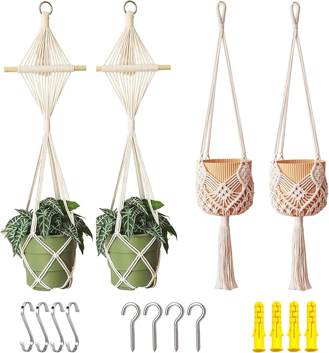 4 Pack Macrame Plant Hangers Indoor Up to 10 inch Pot, Boho Hanging Planters, Plant Holder with 8Pcs Stainless Steel Hooks