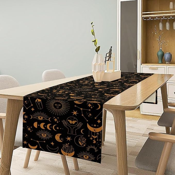 Boho Moon Sun Table Runner, Mystic Witchy Astrology Gold Black Decor Table Runner for Kitchen Dining Party Wedding, 13x70 Inch