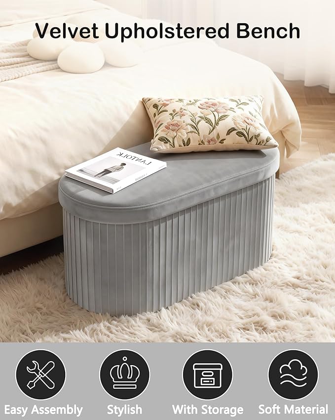 GLAXYFUR Oval Folding Storage Ottoman, Velvet Upholstered Foot Rest, 30 x 15 x 15 Inches Storage Bench for Bedroom, Living Room & Entryway (Grey-New)