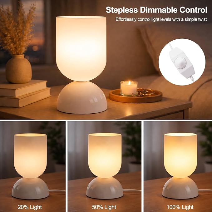 8.9" Modern Glass Table Lamp for Living Room, Dimmable Desk Lamps for Bedroom, UL Listed Nightstand Lamp with Dome Base, End Table Lamps for Home, Side Tables, College Dorm, Office, Glossy White