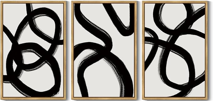 KUVIOKE Black and White Abstract Framed Wall Art Ink Wash Minimalist Lines Painting Artwork for Bedroom Hallway 24x36in (Natural Framed)