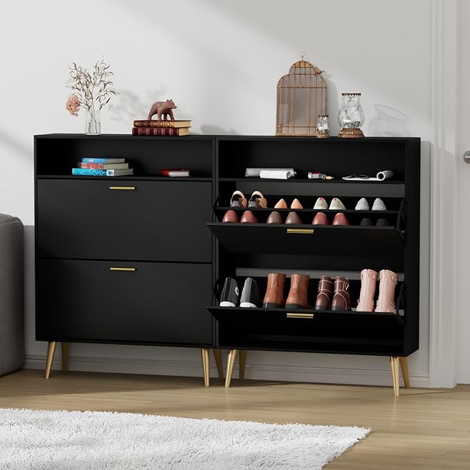 JOZZBY Shoe Cabinet for Entryway Slim Set of 2, Black Shoe Rack with 2 Flip Drawers and Top Storage, Hidden Shoe Storage Narrow Shoe Cabinet for Entryway, Hallway, Living Room