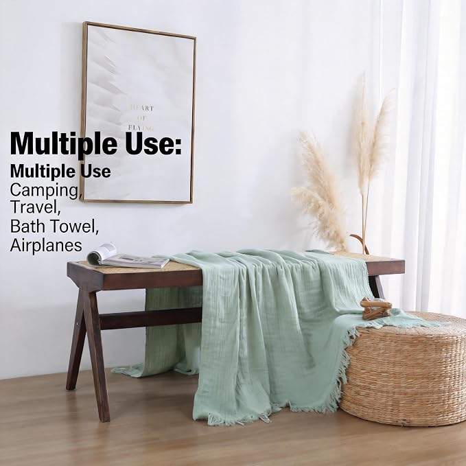 100% Cotton Muslin Throw Blanket for Bed, Couch, Small, Decorative, Soft, Pre-Washed, Breathable and Lightweight Gauze Blanket with Tassels, Sage Green, 50"x60"