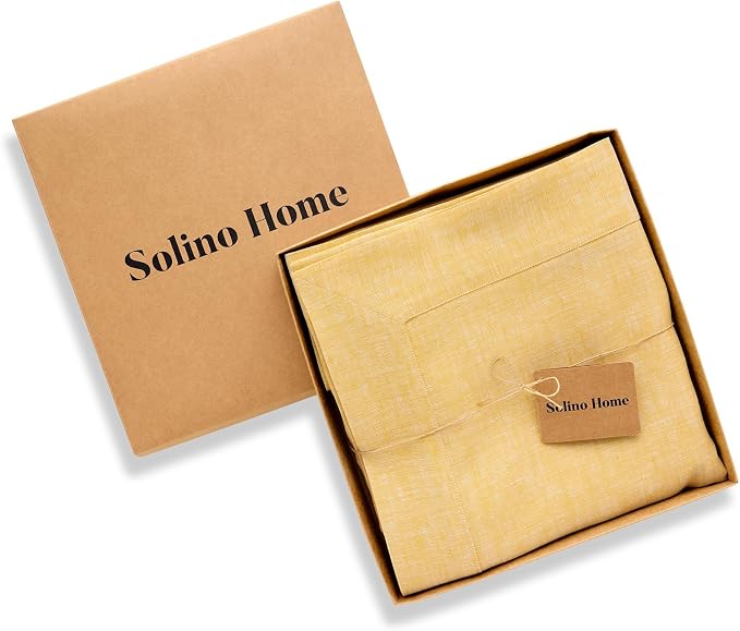 Solino Home Linen Tablecloth 60 x 132 Inch - 100% Pure Linen Chambray Mustard Yellow Table Cloth for Rectangular Tables - Athena, Machine Washable Cloth Tablecloth for Summer