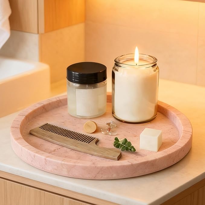 Natural Marble Tray, Round Pink Tray for Bedroom/Bathroom/Kitchen/Vanity Countertop, Jewelry Tray for Rings Earrings Necklace Bracelet Watch, Room Decor Aesthetic