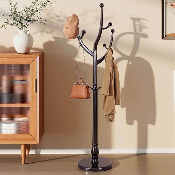 Freestanding Rubberwood Coat Rack, 11 Hooks & 16.5" Wide Round Base, Wooden Coat Rack Stand, Coat Hanger Free Standing Hall Tree for Entryway, Hallway, Bedroom, Jacket, Clothes (Wine Red)