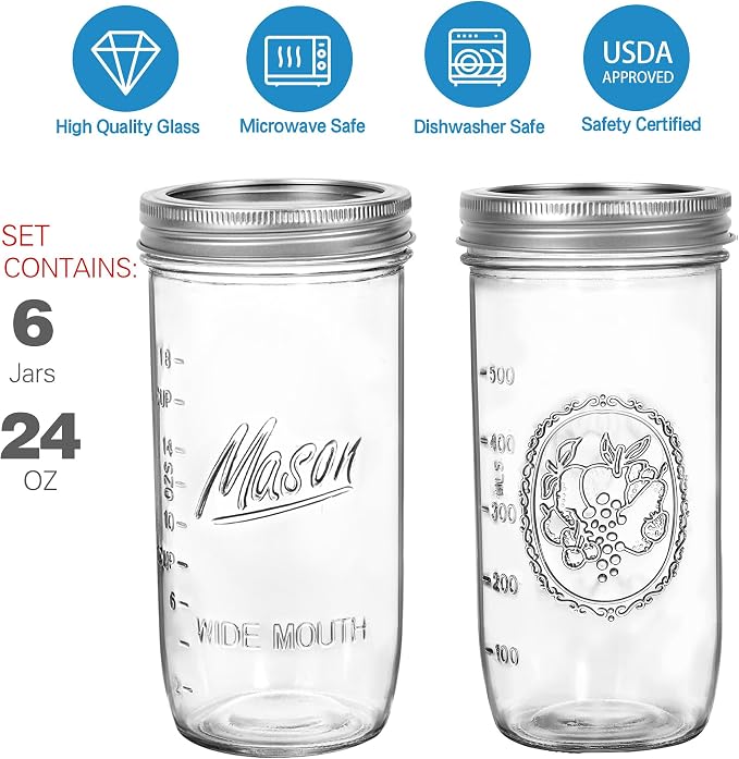 24 oz Wide Mouth Mason Jars - Canning Jars with Metal Airtight Lids and Bands, 24 ounce Mason Glass Jars for Fermenting, Pickling, Meal Prep, Overnight Oats, Jam, Jelly, DIY Projects (6 pack)