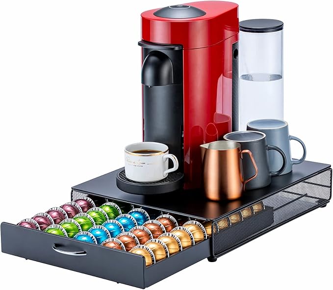 FlagShip for Nespresso Pod Storage Vertuo Pod Holder Coffee Pod Organizer Morden Design And Coffee Machine Stand Black Metal(50 Pods Capacity)