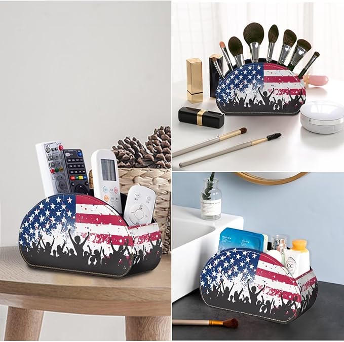 TV Remote Control Organizer, USA Flag Print Office Desk Organizer,Storage for Controllers/Media Players/Glasses/Cosmetic Brushs/Pens,Nightstand/Couch/Home Theater Accessory