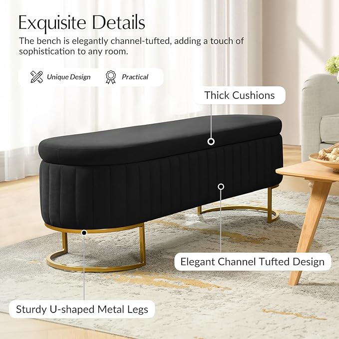 55.5" Velvet Upholstered Storage Bench with Channel Tufted Seat and Metal Legs, Multi-Functional Ottoman with Interior Organizer Pockets for Bedroom and Entryway, Flipping Lid Large Window Bench