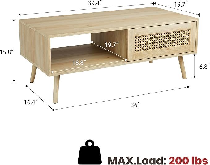 IDEALHOUSE Rattan Coffee Table with Storage, Farmhouse Boho Center Sofa Table with Sliding Door and Open Shelf for Living Room, Bedroom