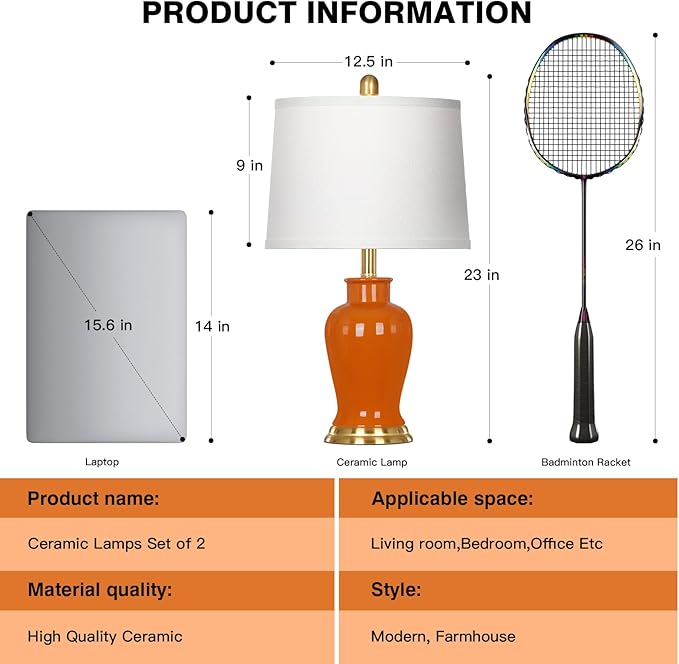 Ruzectt Orange Ceramic Lamps Set of 2, 23" Modern Table Lamps for Living Room, Stylish Bedroom Ginger Jar Lamps, Elegant Bedside Lamp for Night Stand Desk Side End Table Home Decor(Bulbs Included)