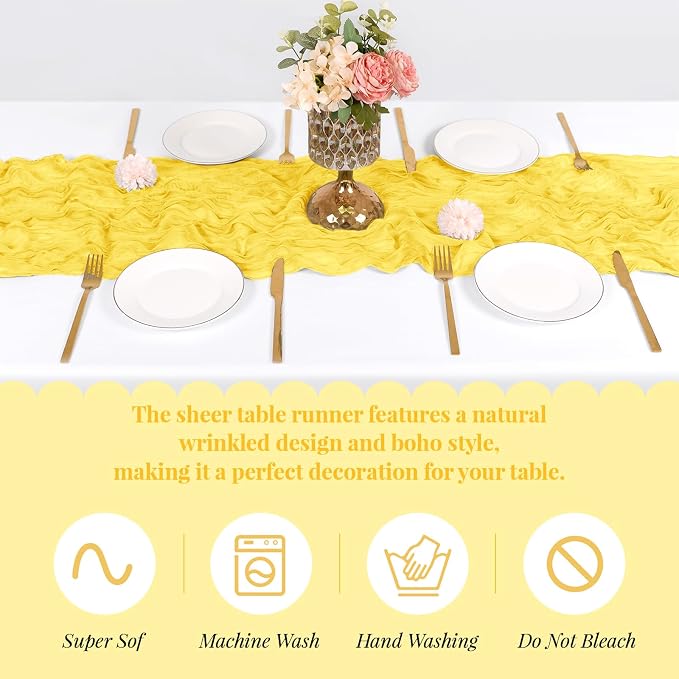 6 Pack Lemon Yellow Cheesecloth Table Runner, 17 x 108 Inch, Gauze Cheese Cloth Table Runner Rustic Sheer Runner for Wedding Birthday Party Baby Shower Table Decor(Lemon Yellow)