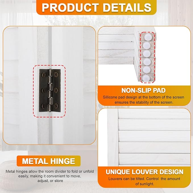 PayLessHere Room Divider Wood Privacy Screen 5.75 Ft Indoor Folding Portable Partition Screen for Bedroom Office Restaurant (White, 6 Panel)