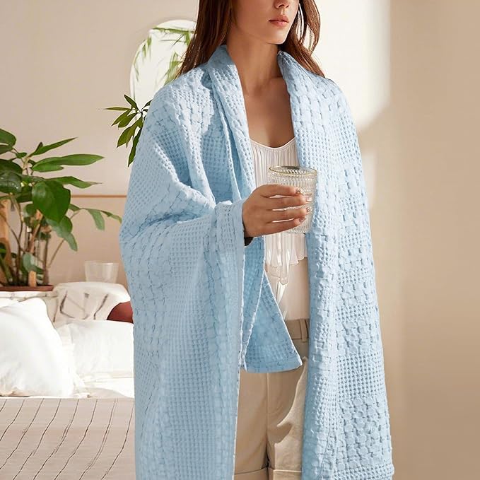 PHF 100% Cotton Waffle Weave Throw Blanket, Soft Lightweight Breathable Cozy Throws for Couch Bed Sofa, Luxury Aesthetic Blanket Gift for Home Decor & Office, 50"x60", Baby Blue